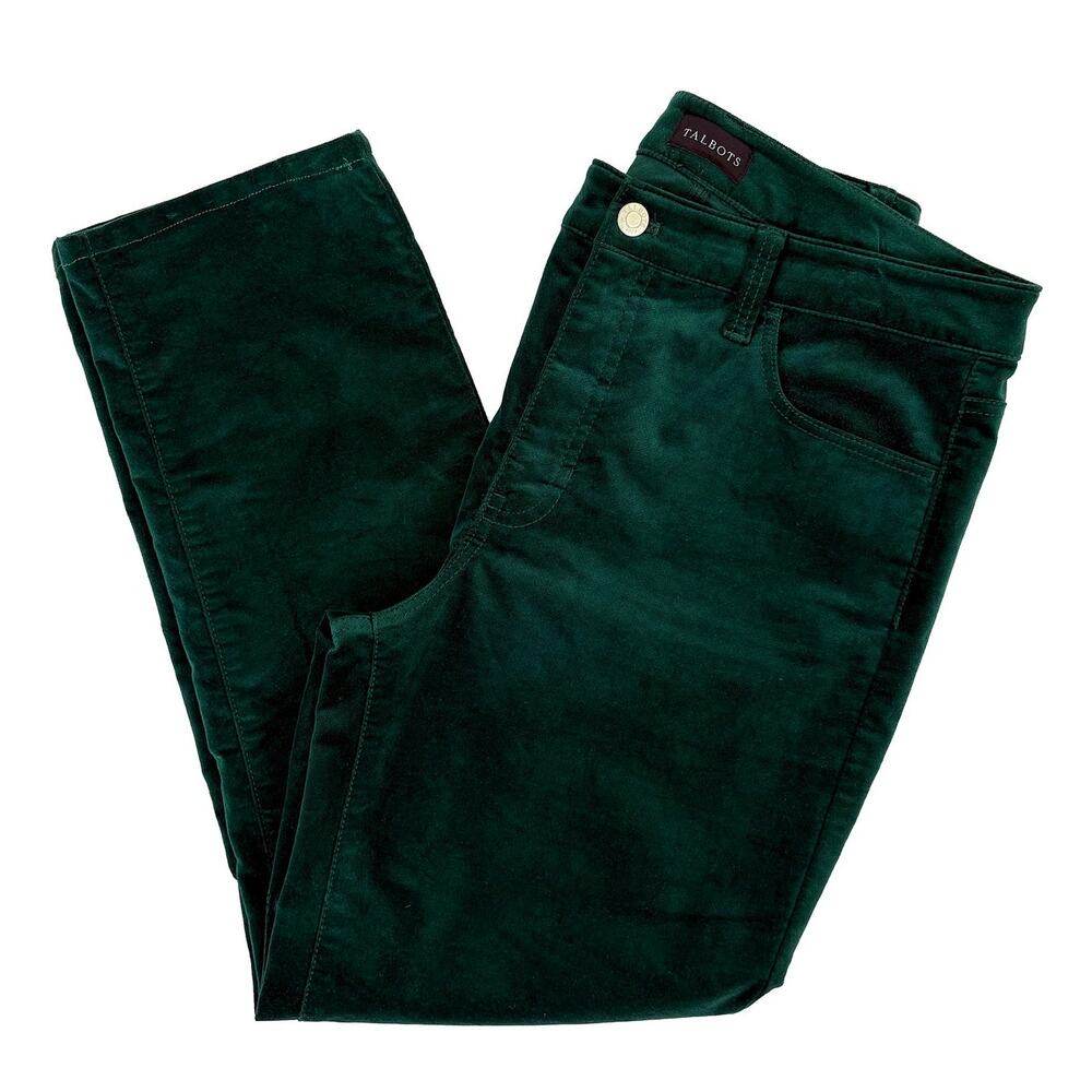 Talbots Velvet Pant Womens 10P Emerald Green Straight Leg Velvet Preppy Holiday